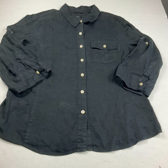 Talbots Irish Linen Button Shirt Black 3/4 Sleeve Classic Work Utility Top Large - Picture 2 of 10